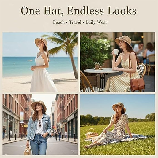 Elegant Woven Straw Sun Hat, Chic Packable Wide Brim Straw Sun Hat with Bow, Stylish Summer Beach Bucket Hat White