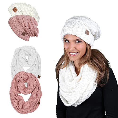 Funky Junque Slouchy Beanie & Infinity Scarf Gift Set – Matching Winter Accessories Sets for Women, Oversized Hat and Scarves - color: 2 Pack: Ivory & Indi Pink