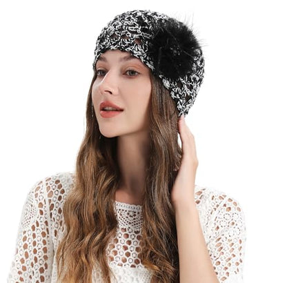 ZLYC Women Crochet Beanie Hat Summer Handmade Knit Decorated Skull Cap - color: Feather Black Mixed White Black