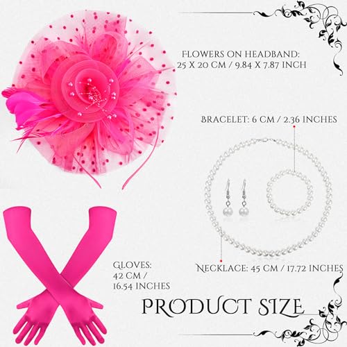 Yaomiao 5 Pcs 1920s Tea Party Accessories Fascinator Hat Gloves - color: Rose Red