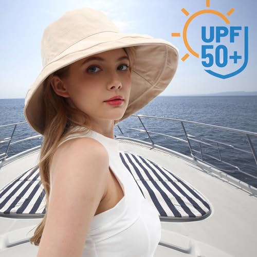 vidsel Womens Sun Hats Wide Brim Reversible Bucket Cotton Hat with Hat Clip - color: Medium-beige1, size: Medium