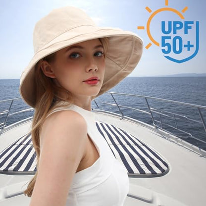vidsel Womens Sun Hats Wide Brim Reversible Bucket Cotton Hat with Hat Clip - color: Medium-beige1, size: Medium