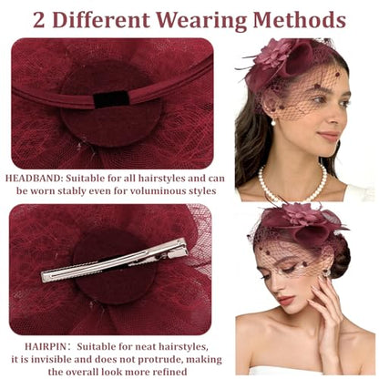 Semato Fascinators Hats for Women Mesh Feathers Elegant Burgundy Tea Party Kentucky Hat Derby Headband with Hair Clip - color: Burgundy