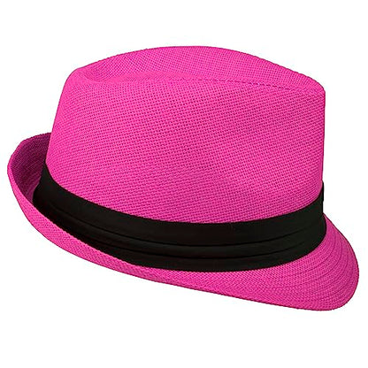 Gelante Summer Fedora Panama Straw Hats with Black Band - color: Pink, size: Small-Medium