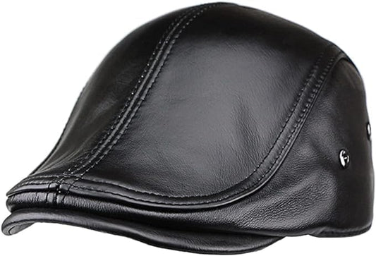 Men's Genuine Cowhide Newsboy Cap Leather Hat Adjustable Beret Caps Classic Golf Flat Ivy Cap Gatsby Driving Fishing Hat - color: Black