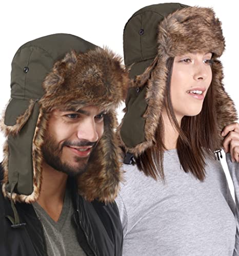 Tough Headwear Russian Trapper Hat – Water-Resistant Ushanka for Men & Women with Chin Strap & Ear Flaps - color: Army Green