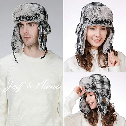 Jeff & Aimy Stylish Plaid Winter Wool Trapper Faux Fur Earflap Hunting Hat Ushanka Russian Cold Weather Thick Lined 55-61CM - color: White, size: Large