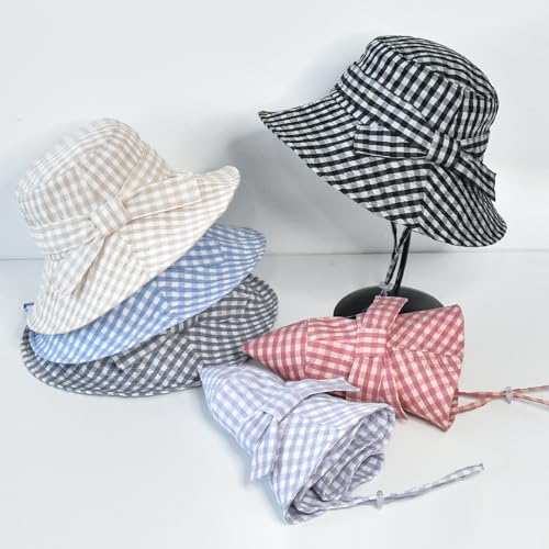 Women's Summer Plaid Sun Hat 100% Cotton Beach UV Protection Fishing Hat - color: Black