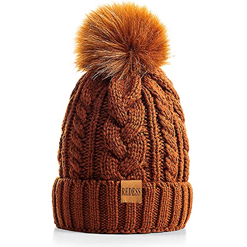 REDESS Women Winter Pompom Beanie Hat with Warm Fleece Lined Thick Slouchy Snow Knit Hat Skull Ski Cap - color: Caramel Color
