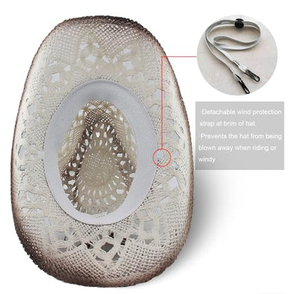 Foeran Men's Women's Straw Cowboy Hat Cowgirl Woven Sun Hat Western Cowboy Hat Two Decorative Bands - color: White-gravel