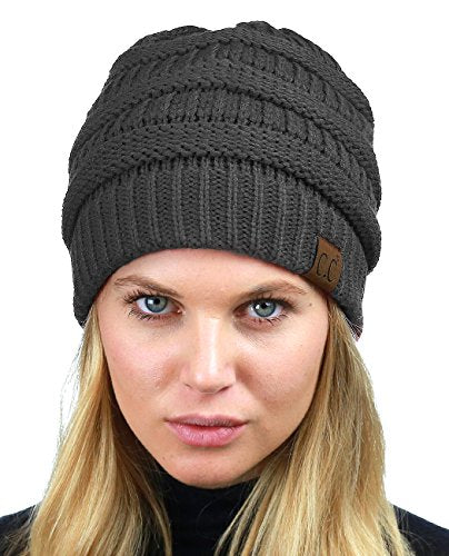 C.C Unisex Chunky Soft Stretch Cable Knit Warm Fuzzy Lined Skully Beanie - color: Dark Melange Gray
