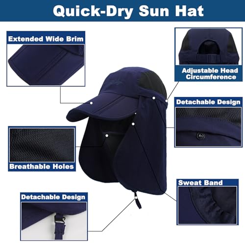 Surblue Baseball Sun Cap with Removable Neck Flap and Face Mask UPF 50+ - color: Deep Blue, size: Medium
