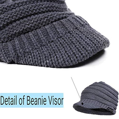 Women's BeanieTail Warm Knit Hat Messy High Bun Ponytail Visor Beanie Cap - color: B324-grey, size: Medium