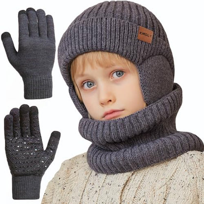 Kids Winter Beanie Hat Scarf Gloves Set 4-10Y, Knit Hat With Earmuffs Neck Gaiter Fleece Lined Touchscreen Gloves Boys Girls - color: Grey