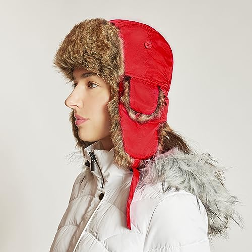 Faux Fur Safety Reflective Plain Plaid Aviator Trapper Hat Snow Ski Trooper Winter Cap - color: 1. Plain - Red, size: Small-Medium