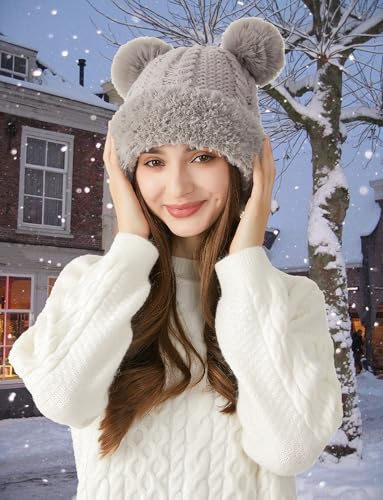 FEOYA Womens Knit Winter Beanie Hat with Faux Fur Pompom Fuzzy Cute Knit Fleece Lined Skull Cap - color: Grey