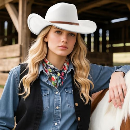DRESHOW Cowboy Hat for Women and Men Wide Brim Western Cowboy Cowgirl Hat with Belt Buckle Unisex Rolled up Caps - color: White