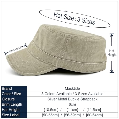 Washed Cotton Military Hat Cadet Cap Army Flat Top Basic Everyday - color: Khaki, size: Medium-Large