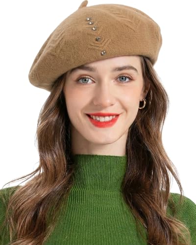 ZLYC Women French Beret Hat Reversible Solid Color Knit Warm Artist Cap - color: Rhinestones Camel