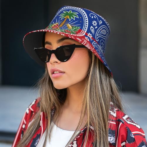 Bucket Hat for Men Women Packable Sun Hats Fisherman Outdoor Summer Travel Hiking Beach Caps - color: Haiti