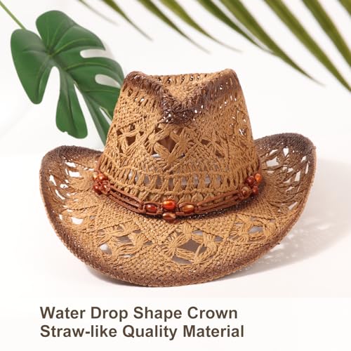 AQOKKA Straw Cowboy Hats for Women Men Western Cowgirl Hats with Shapeable Brim Woven Hollow Out Unisex Beach Roll Up Caps - color: Brown Beads Cowboy Hats : Khaki+coffee Spray-painted