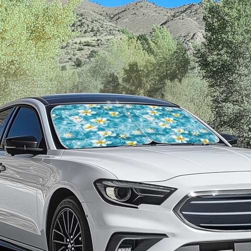 Renewold Car Windshield Sun Shade Car Window Sunshade Vehicles Sun Visor Shield Fits for Most Sedan SUV 2 Pcs Set Tropical Plumeria Starfish Foldable Easy Install Summer Car Accessories Interior - color: Blue Water Plumeria Starfish