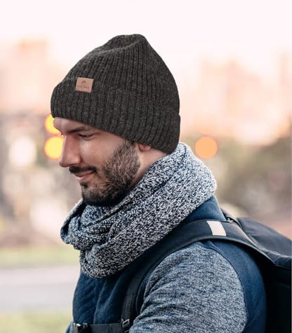 ZTL Merino Wool Beanie Hat for Men Women, Thick Warm Fleece Lined Knit Winter Hats Cuffed Beanie Stocking Hat Ski Skull Cap - color: Black Grey Mix