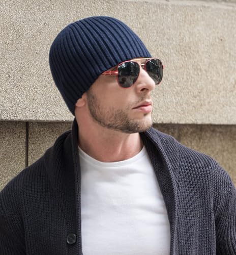 ZLYC Men Winter Knit Fisherman Beanie Hat Fashion Warm Daily Skull Cap - color: Solid Navy