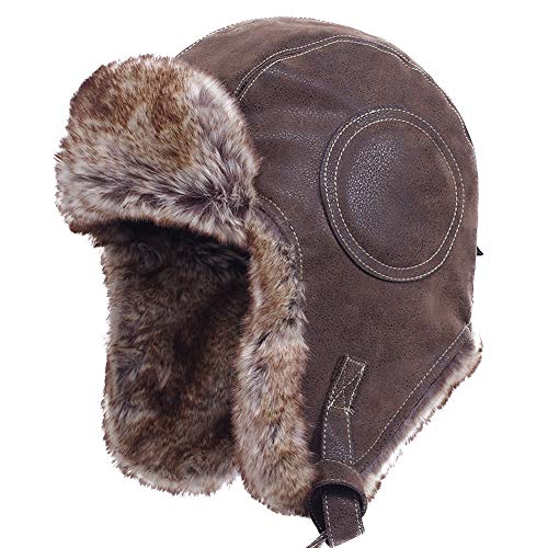 Janey&Rubbins Russian Hat Fur Soviet Ushanka Cossack Winter Cap Earflap Snow Ski Headwear - color: A - Brown/Leather, size: Medium