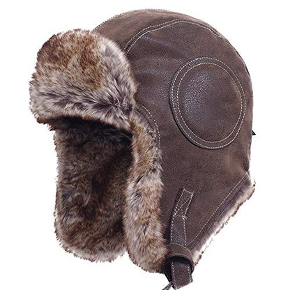 Janey&Rubbins Russian Hat Fur Soviet Ushanka Cossack Winter Cap Earflap Snow Ski Headwear - color: A - Brown/Leather, size: Large
