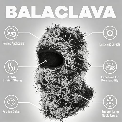 Distressed Ski Mask Balaclava, Yeat Shiesty Knitted Full-Face Mask - color: Blackwhite