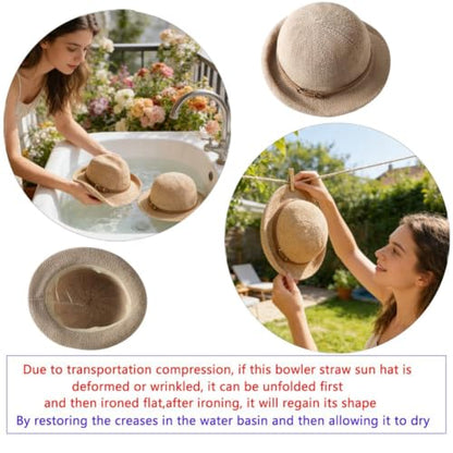 Women Beach Cloche Sun Bucket Hat Rolled Church Hat Folded Shipping - color: Belt/Khaki