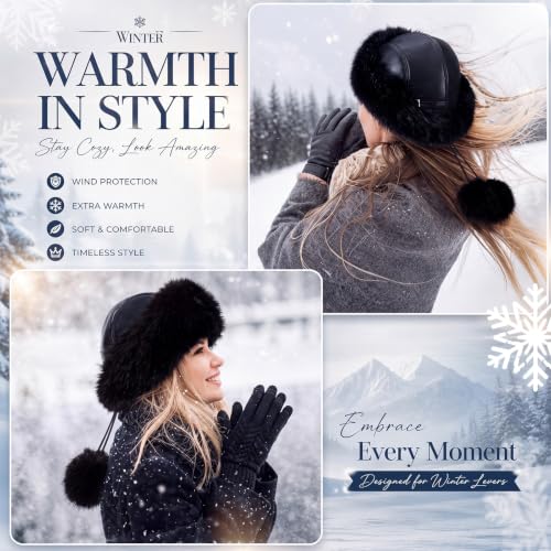 Twistover Women Fur Winter Russian Trapper Hat & Pompoms, Black Ushanka Hat