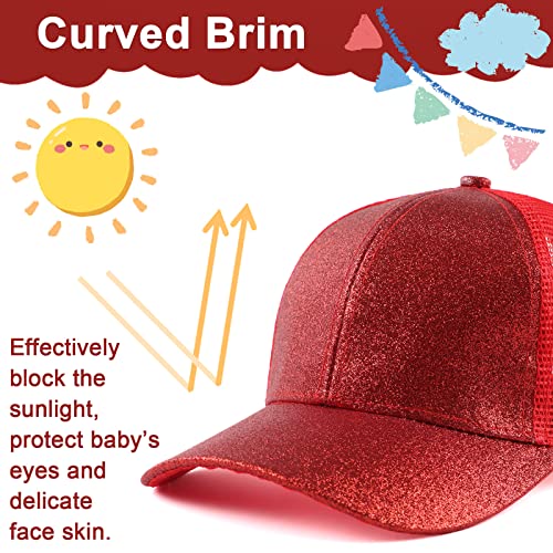 Zsedrut Girls Glitter Baseball Cap Kids Adjustable Ponytail Hat Toddler Summer Mesh Trucker Hats - color: Red