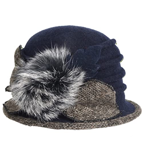 Women's Wool Dress Church Cloche Hat Bucket Winter Floral Hat - color: Navy