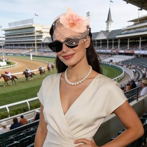 Semato Fascinators Hats for Women Mesh Feathers Elegant Peach Pink Tea Party Kentucky Hat Derby Headband with Hair Clip - color: Peach Pink