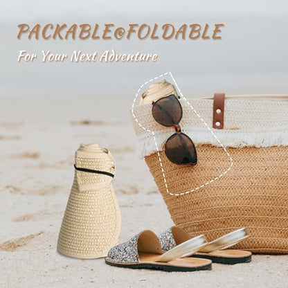 Women's Sun Visor Hats Wide Brim Straw Beach Hat Ponytail Hats for Women Foldable Floppy - color: 1pack-beige