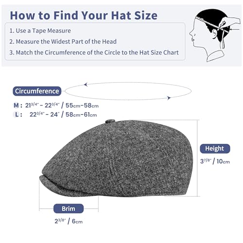 Men's Wool Blend Newsboy Cap Adjustable Gatsby Ivy Newsies Cabbie Hat Classic 8 Panel Tweed Flat Winter Hat - color: Plaid Darkgrey_2, size: Medium