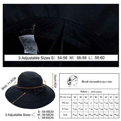 Comhats Packable Summer Cotton Sun Hat Bucket for Women UV Protection Wide Brim Beach Gardening Travel 54-64CM - color: Black, size: Medium