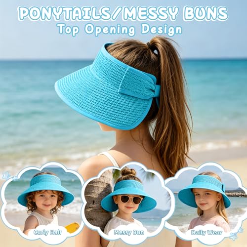 Girls Sun Visor Hat with Ponytail Hole Wide Brim Beach Straw Visor UPF 50+ - color: 1pack-sea Blue