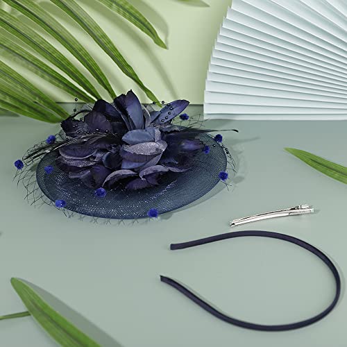 JWICOS Fascinators Hat for Women 50s Flower Hat with Veil Cocktail Wedding Tea Party Church Derby Hat - color: Navy