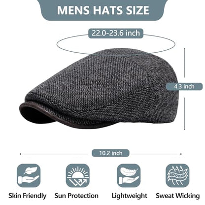meioro Mens Wool Blend Tweed Newsboy Flat Cap Gatsby Irish Cabbie Ivy Cap Adjustable Newsboy Hat Warm Fleece Winter Hats - color: Grey