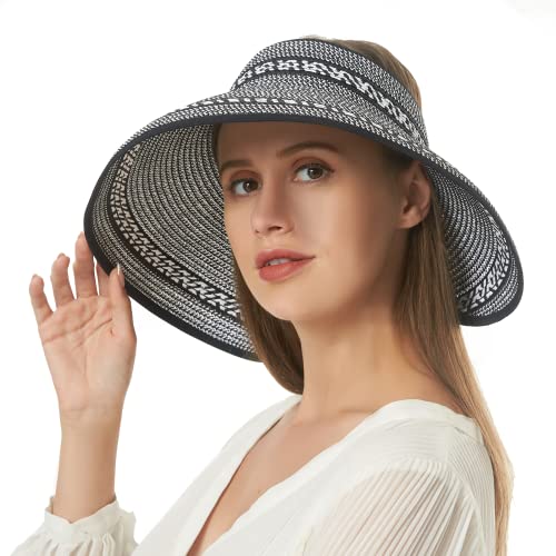 Women Sun Visors Foldable Straw Hats Summer Beach Packable Hat Floppy Wide Brim Cap Deep Style, Adjustable Size - color: Black Mix