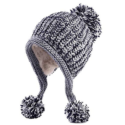 HUAMULAN Women Winter Sherpa Knit Beanie Hat Fleece Lined Ear Flaps - color: Gray
