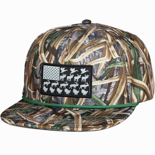 EDTREK Performance Outdoorsman Snapback Truck Hat with Flat Brim - Unique Animal Embroidery - color: Vintage Marsh Camo With Green Rope-wildlife Flag
