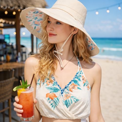 Wide Brim Sun Hat for Women Reversible Beach Hats Metal Wired Edge Gardening Hats, UPF 50+ Bucket Summer Hat - color: Beige