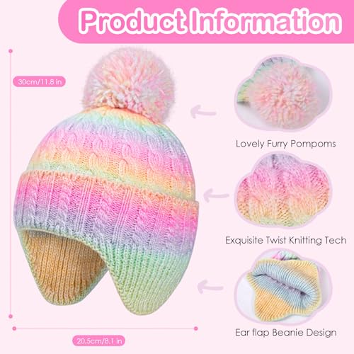 Girls Rainbow Earflap Beanie, Kids Pom Pom Knit Winter Ski Hat Ages 3-8 - color: Pompom - Rainbow