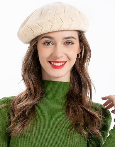 ZLYC Women French Beret Hat Reversible Solid Color Knit Warm Artist Cap - color: Solid Cream White