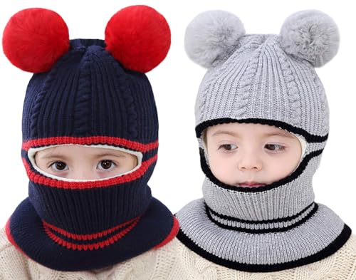 Toddler Winter Hat Baby Balaclava 2 in 1,Fleece Lined Knitted Beanie with Face Mask, Ear Flaps & Pom Pom for Boys Girls - color: Bear-dark Blue+grey