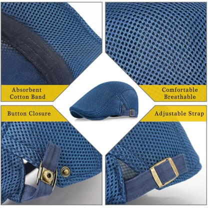 Xinveen Men's Mesh Cap Breathable Summer Newsboy Hat Adjustable Beret Ivy Cap Irish Cabbie Driving Hunting Hats - color: Navy